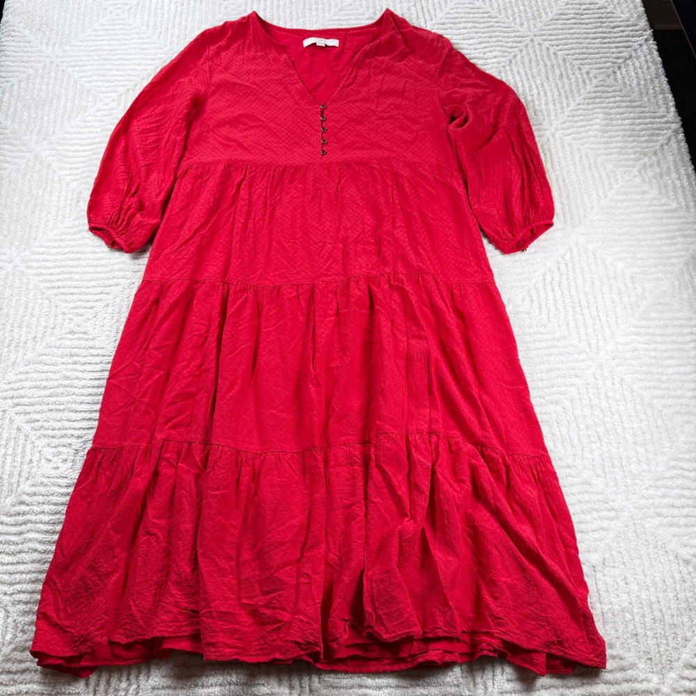 LOFT Dress M Red V Neck Tiered Flowy Bishop Sleeve Boho Cottagecore Spring Work